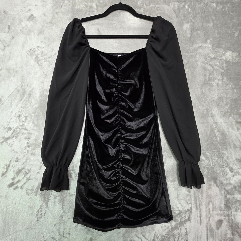 Black Velvet Ruched Mini Dress Sheer Puff Long Sleeve Square Neck Bodycon Small